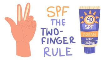An illustration of the instructions on how to apply sunscreen to the face. Apply the cream with SPF protection on two fingers with the flat side up. The rule for protecting the skin of the face vector