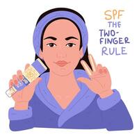 An illustration of the instructions on how to apply sunscreen to the face. Apply the cream with SPF protection on two fingers with the flat side up. The rule is to apply on a girl in a purple robe vector