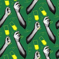 Pattern is a vintage holiday-themed design from the 90s with the image of a couple holding champagne glasses in their hands. Collage of dots. Retro party. Seamless texture for parties, green greeting vector