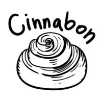 Doodle illustration featuring a rich cinnabon black outline, and the sweet name cinnabon. The image is handmade with different line thicknesses. Contour illustration for baking in cafes, bakeries vector