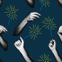 Vintage pattern design in the style of the 90s with the image of hands holding sparklers. A collage of dots. Retro party. Seamless illustration for texture or greeting card. Happy bright radiance vector