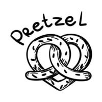 Doodle illustration featuring a sweet pretzel black outline, and the sweet name pretzel. The image is handmade with different line thicknesses. Contour illustration for baking in cafes, bakeries vector