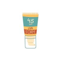 jar of sunscreen. The foam is in a closed tube with a dispenser. Cosmetics. Face and body care products. The icon of the Spf 45 gel jar. A object in a flat style. Retro colors. Isolated object vector