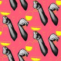 Pattern is a vintage holiday-themed design from the 90s with the image of a couple holding champagne glasses in their hands. Collage of dots. Retro party. Seamless texture for parties, pink greeting vector