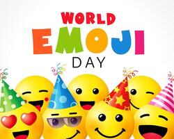 World Emoji Day cute greeting card with 3D emoticons. Party illustration vector