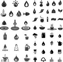 A collection of black icons on a white background, each symbolizing different aspects of water and related activities such as droplets, sun and rain, plants, water cans, and weather conditions. vector