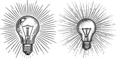 Two light bulb with drawing showing a bright light. Engraving style. vector