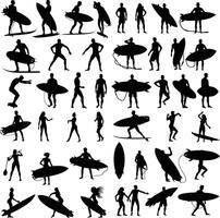 set of black silhouettes, surfers with board in hand doing various poses, white background,flat design vector