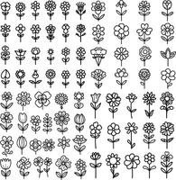 Different style floral set. Black outline stylized flowers isolated on white background. Collection of decorative floral design elements. vector