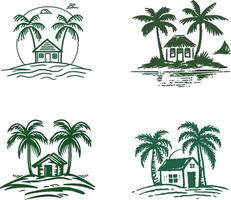 Two palms and bungalow on beach. Mountains on background vector