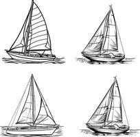 Set of Sailing Yachts Floating on Waves, Small Ships for Recreation and Travel, Outline Sketch vector