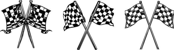 Checkered 3D crossed flag pair . Waving checker flags to crown a champion or the winner of a race set against a transparent background. vector