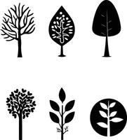 Linocut tree design elements in scandi style set. Black and white forest symbol group. vector