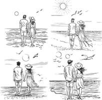 four different illustrations of a couple walking on the beach vector