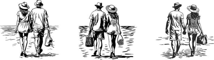 Back view of a couple holding hands and walking down the beach. hand drawn style design illustrations. vector