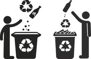 two people throwing bottles into a trash can vector