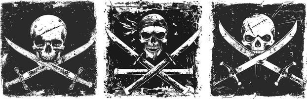 three skulls and crossed swords on a black background vector