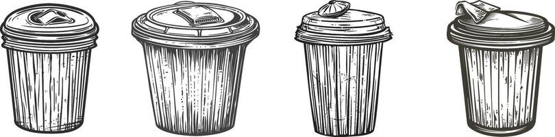 Trash bin with its lid icon set. Open trash bin sign. vector