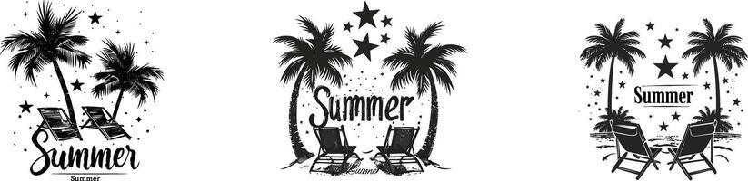 Summer Vacation Sunset Label with Palm Trees and Beach Loungers, Illustration with Summer Text vector