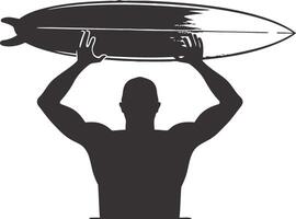 A Surfer Carrying His Surfboard on His Head, Simple Logo with Supd Cult Text in Black on White Background. Flat Design in Adobe Illustrator Style with Simplified Graphic Approach vector