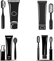 a set of four black and white icons of toothbrushes and toothpaste vector