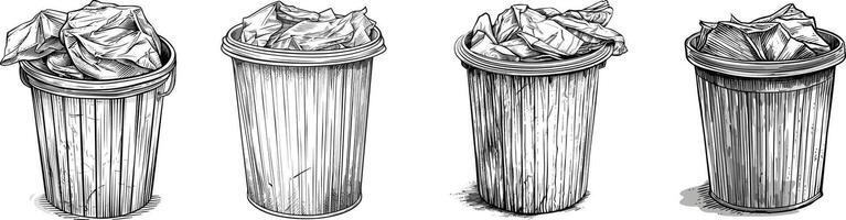 a drawing of four different types of trash cans vector