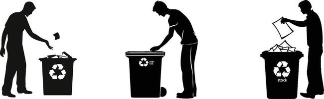silhouettes of people throwing trash into a trash can vector
