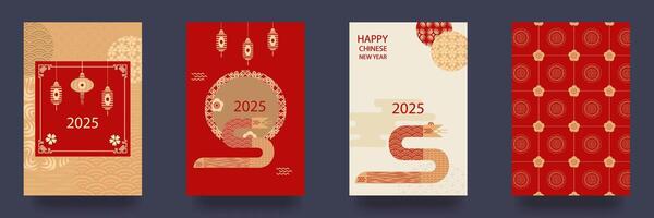 Set of backgrounds, greeting cards, posters, holiday covers for the Chinese New Year of the Snake. Traditional patterns. Chinese translation - Happy New Year, the symbol of the year is a snake. vector