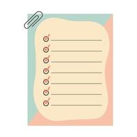Memo notepad with a paper clip. Cute notebook template for notes with lined pastel design. vector