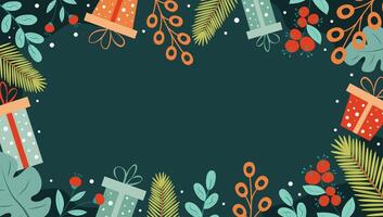 Christmas background with fir branches, gifts, twigs and berries on dark green background. Copy space. vector