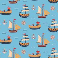Seamless pattern with ships, anchor, steering wheel and wave. Cute Marine pattern for fabric, baby clothes, background, textile, wrapping paper. Nursery art style. vector