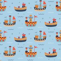 Seamless pattern with ships, waves and bubbles. Cute Marine pattern for fabric, baby clothes, background, textile, wrapping paper. Nursery art style. vector