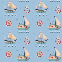 Seamless pattern with sailing ships, anchor, steering wheel, wave and bubbles. Cute Marine pattern for fabric, baby clothes, background, textile, wrapping paper. Nursery art style. vector