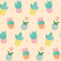 Seamless pattern with potted plant and cactus on a beige background. Pastel print. vector