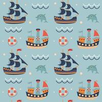 Seamless pattern with sailing ships, dolphin, lifebuoy, waves and bubbles. Cute Marine pattern for fabric, baby clothes, background, textile, wrapping paper. Nursery art style. vector
