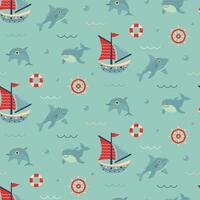 Seamless pattern with sailing ships, dolphin, shark, whale, lifebuoy, steering wheel, waves and bubbles. Cute Marine pattern for fabric, baby clothes, background, textile, wrapping paper. vector