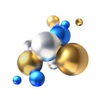 Realistic spheres balls composition background Advertising banner template. 3D modern background with gold blue silver balls.Abstract 3D background.Dynamic wallpaper with glossy spheres. vector