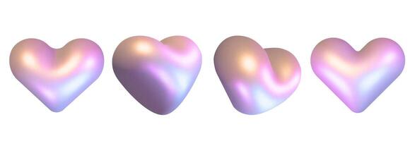 3D holographic hearts set isolated on a white background. Render of 3d iridescent chrome hearts.Glossy Metallic love symbol for different designs.Iridescent y2k shape set. illustration vector