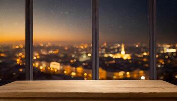 Empty wooden table for product display presentation with window background and city light night view photo