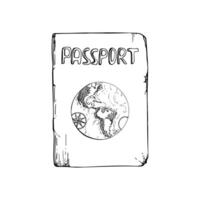 Multinational world passport id official document with gold letters and globe. ink hand drawn illustration of isolated object. Design for tourism, travel, brochure, guide, print, card, tattoo vector