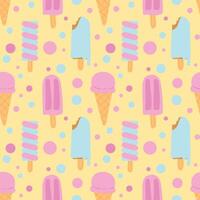 Seamless ice cream pattern with ice cream pops and cones on a pastel yellow background with dots vector