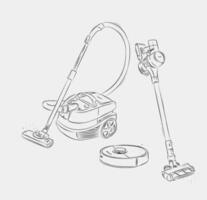Vacuum cleaner types regular, cordless, robot drawing in graphic style on white background vector
