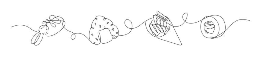 Asian food sushi and roll nigiri, onigiri, temaki, maki panorama set drawing in linear style on white background. vector