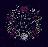 Alcohol monogram in flat style lettering wine shop enjoy drawing with color lines on dark background vector