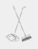 Flat broom and dustpan drawing in graphic style on white background vector