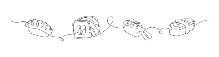 Sushi and roll panorama set drawing in linear style on white background. vector