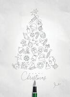 Christmas toy tree drawing with pen line on crumpled paper background vector