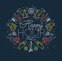 Alcohol monogram in flat style lettering happy hour enjoy drawing with color lines on dark background vector