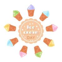 National Ice cream day. Greeting banner with color text. Delicious ice cream topping in waffle cones. Sweet color frozen yogurt with various fruit topping and flavor. flat cartoon illustration vector