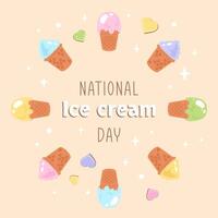Ice cream day. Greeting card with color Ice cream, sweet heart shaped lollipops, bubbles, stars. Delicious ice cream topping in waffle cones with various fruit topping and flavor. vector